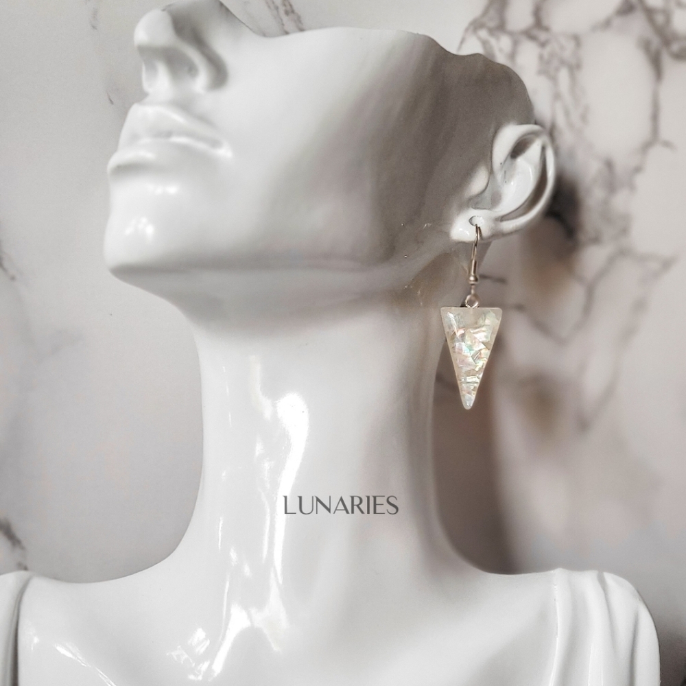 Mother Of Pearl Resin Earrings, Iridescent Triangles, Hypoallergenic - Picture 5 of 12